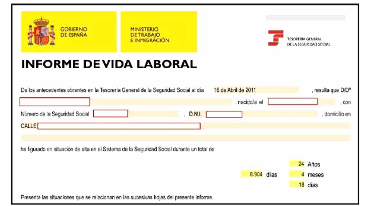 Informe de vida laboral de la Seguridad Social en España con días y años cotizados.