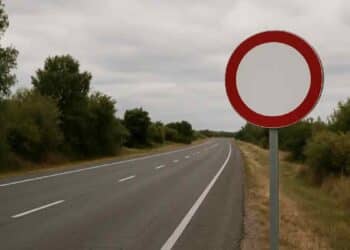 Señal de tráfico vacía R-100 en carretera que prohíbe la circulación a vehículos.