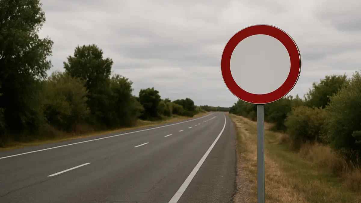 Señal de tráfico vacía R-100 en carretera que prohíbe la circulación a vehículos.