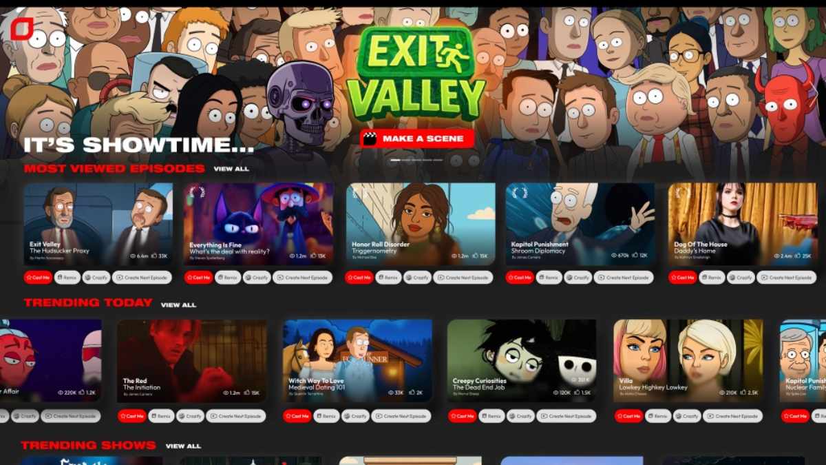 Pantalla de inicio de Showrunner, la plataforma de IA de Amazon para crear y compartir series animadas personalizadas.