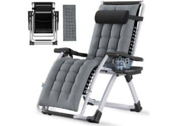 silla plegable Soontrans gris con respaldo regulable y reposacabezas, disponible en Amazon.