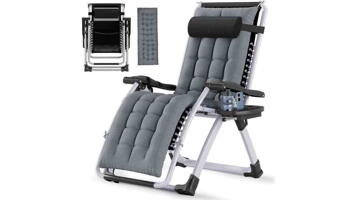 silla plegable Soontrans gris con respaldo regulable y reposacabezas, disponible en Amazon.