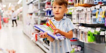 Niño comprando material escolar en supermercado durante la vuelta al cole.