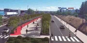 Bulevar Madrid Norte en Alcobendas con carril bici, zonas verdes y parque infantil previsto para 2027.