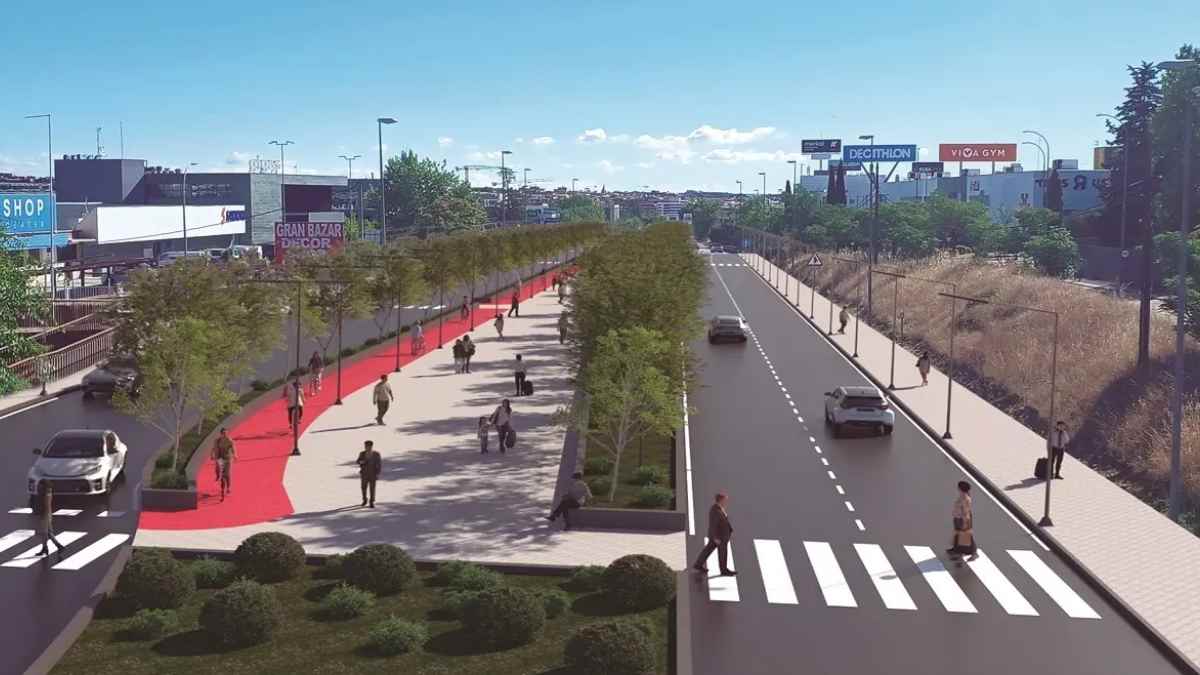 Bulevar Madrid Norte en Alcobendas con carril bici, zonas verdes y parque infantil previsto para 2027.