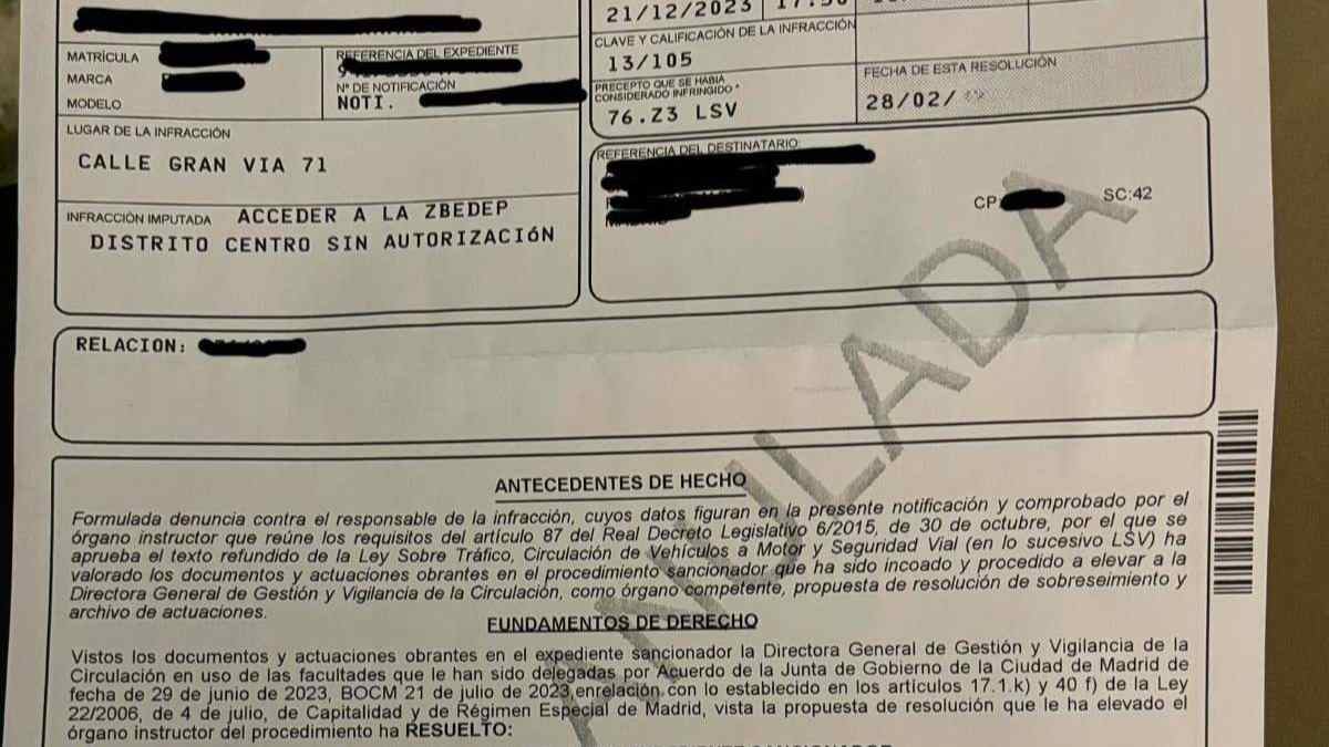 Multa del Ayuntamiento de Madrid por acceder a la ZBE sin autorización.
