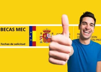 Estudiante feliz con cartel de Becas MEC 2025-2026 y bandera de España.