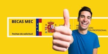 Estudiante feliz con cartel de Becas MEC 2025-2026 y bandera de España.