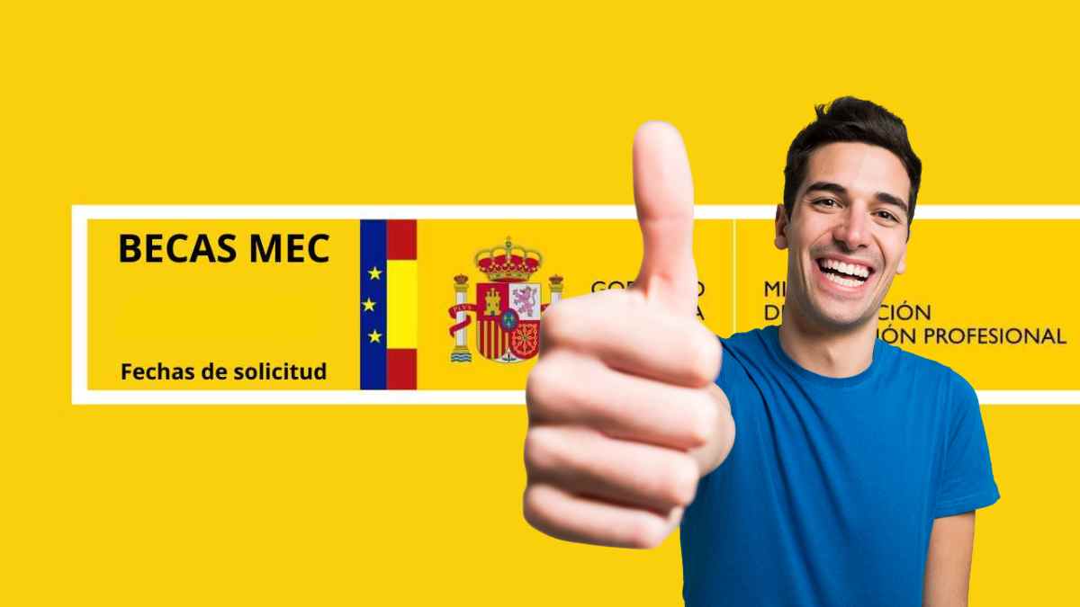 Estudiante feliz con cartel de Becas MEC 2025-2026 y bandera de España.
