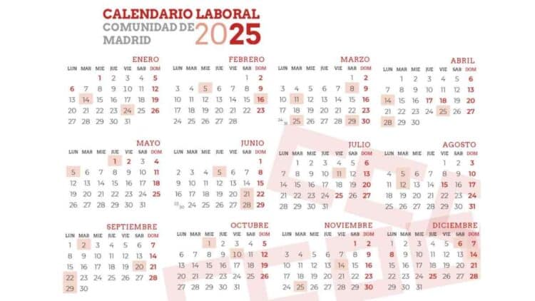 Calendario laboral Madrid 2025 con festivos y puentes oficiales.