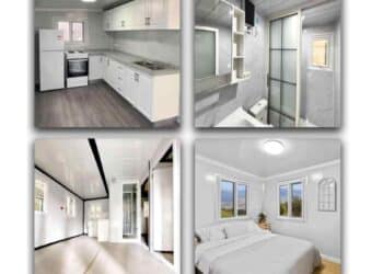 Interior de casa prefabricada con cocina equipada, baño moderno, salón y dormitorio por 9.000 euros.