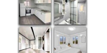 Interior de casa prefabricada con cocina equipada, baño moderno, salón y dormitorio por 9.000 euros.