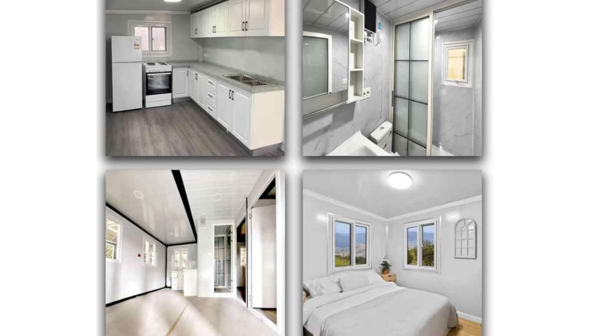Interior de casa prefabricada con cocina equipada, baño moderno, salón y dormitorio por 9.000 euros.