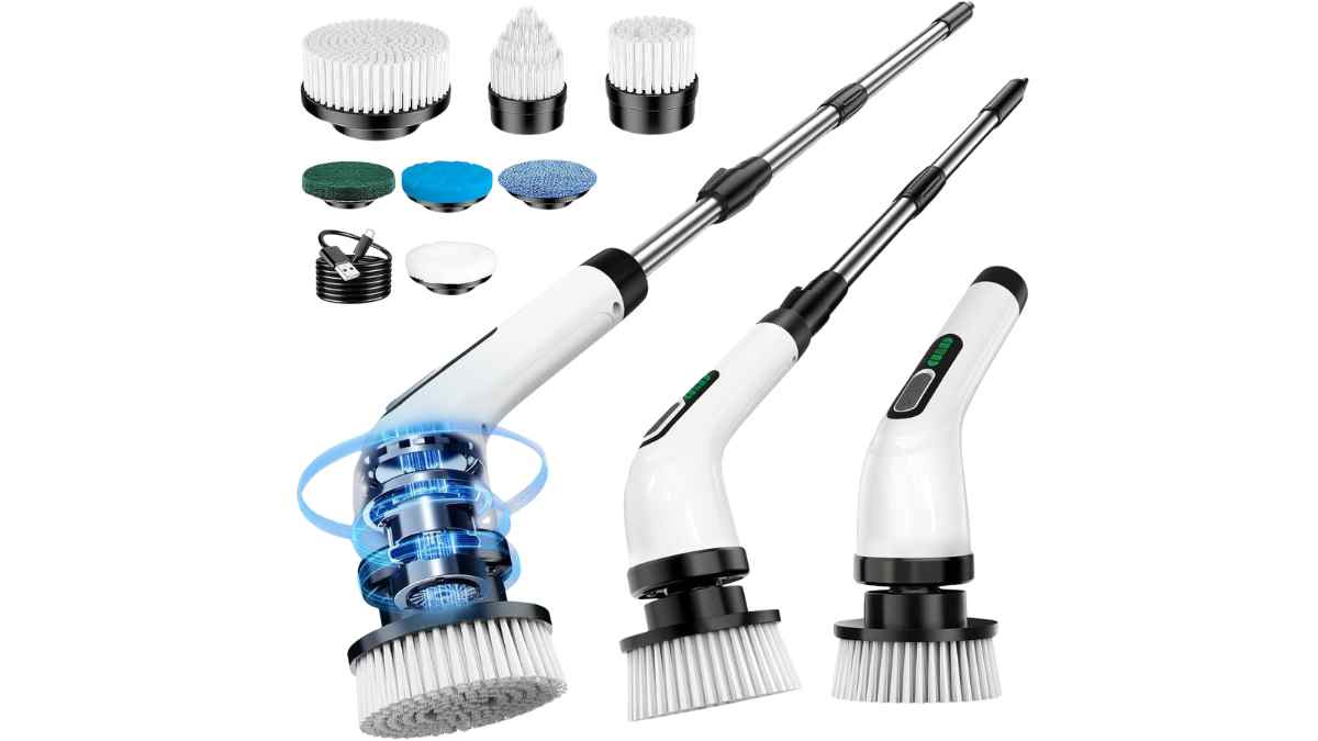 Cepillo eléctrico sin cable FYDEE con 7 cabezales intercambiables para limpieza de bañeras y azulejos.