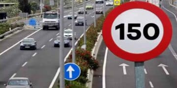 Señal de tráfico de 150 km/h en autopista europea.