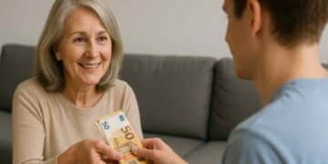 Mujer entregando dinero en efectivo a un familiar como donación.
