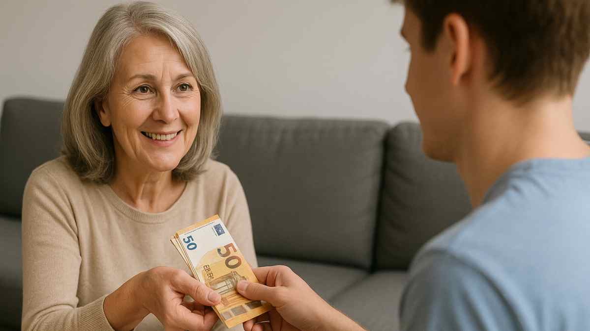 Mujer entregando dinero en efectivo a un familiar como donación.