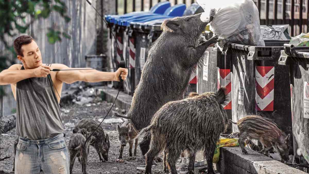 Jabalíes en Madrid junto a contenedores con control cinegético con arco.