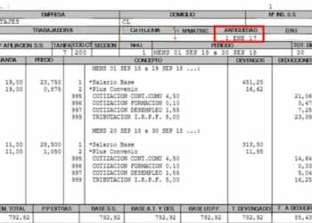 Ejemplo de nómina con fecha de antigüedad que afecta al salario.