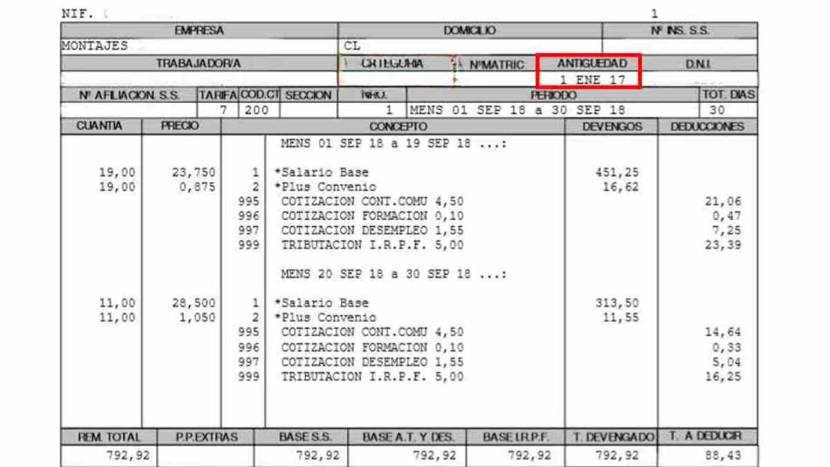 Ejemplo de nómina con fecha de antigüedad que afecta al salario.