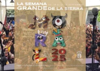 Cartel oficial Fiestas de Moralzarzal 2025 con público durante la Semana Grande de la Sierra en Madrid.