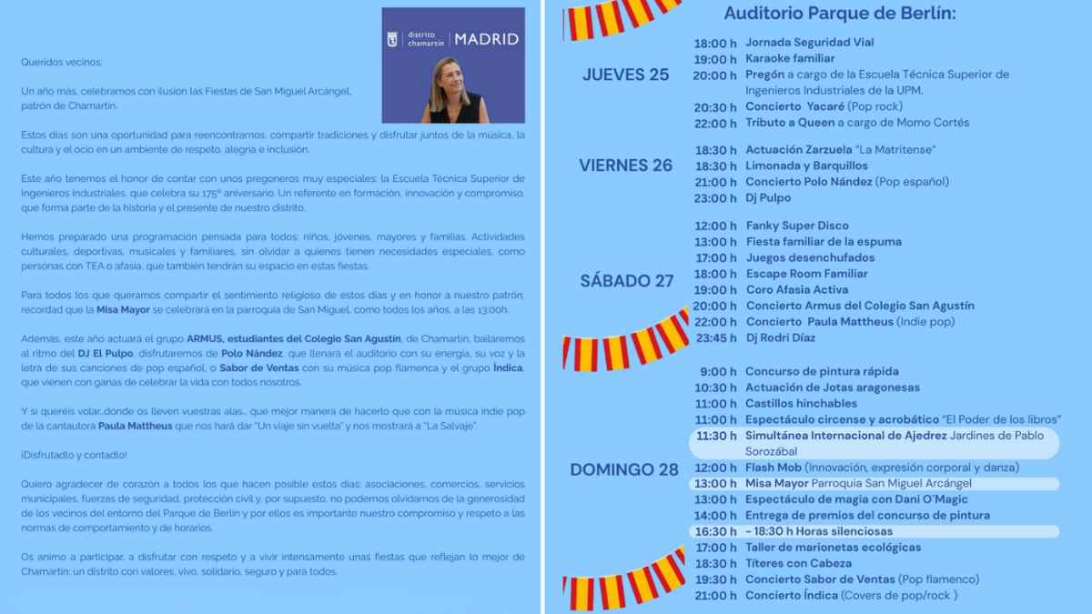 Fiestas de San Miguel Chamartín 2024 programa oficial con conciertos, actividades familiares y pulseras antisumisión química.