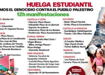 Cartel huelga estudiantil en España contra vetos de Ayuso y por Palestina.