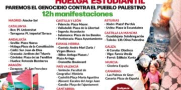 Cartel huelga estudiantil en España contra vetos de Ayuso y por Palestina.