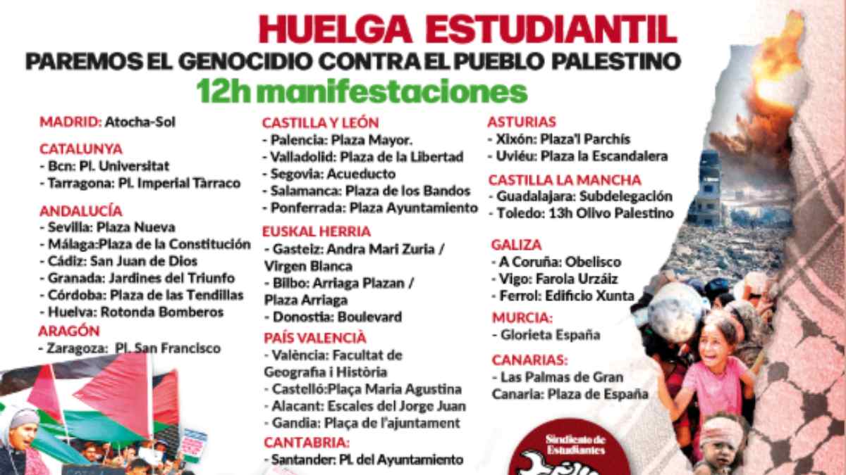 Cartel huelga estudiantil en España contra vetos de Ayuso y por Palestina.