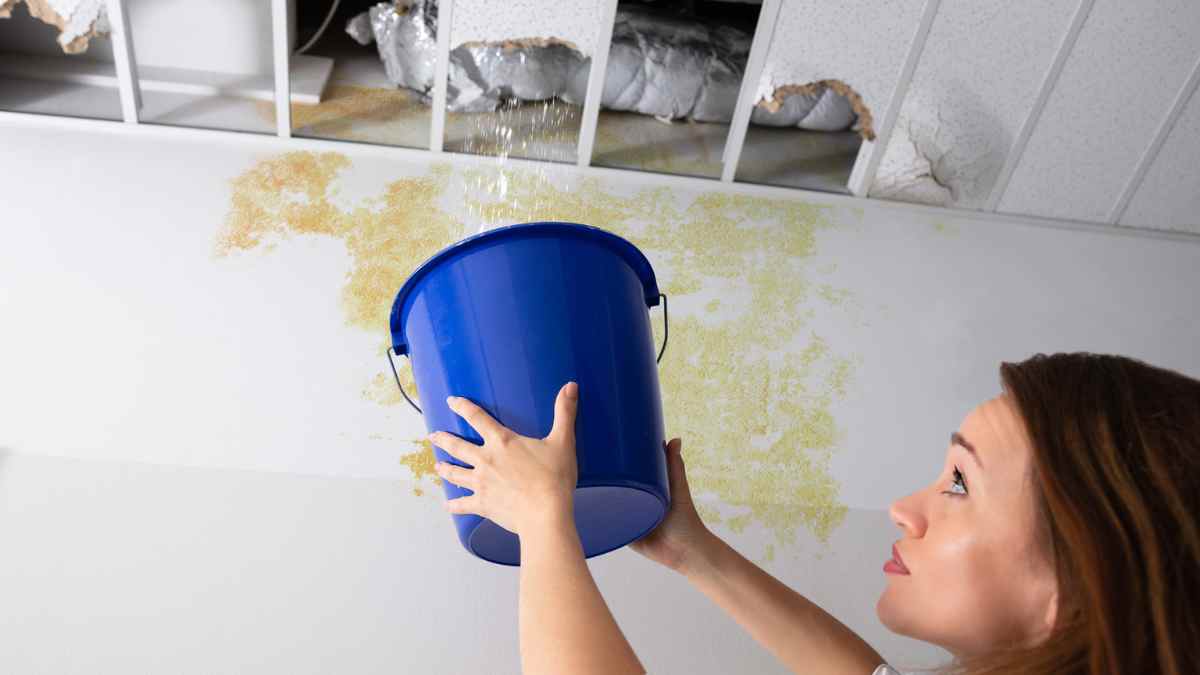 Mujer colocando un cubo bajo gotera en el techo según la Ley de Propiedad Horizontal.