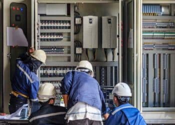 Trabajadores del sector eléctrico en Madrid revisando instalaciones industriales.