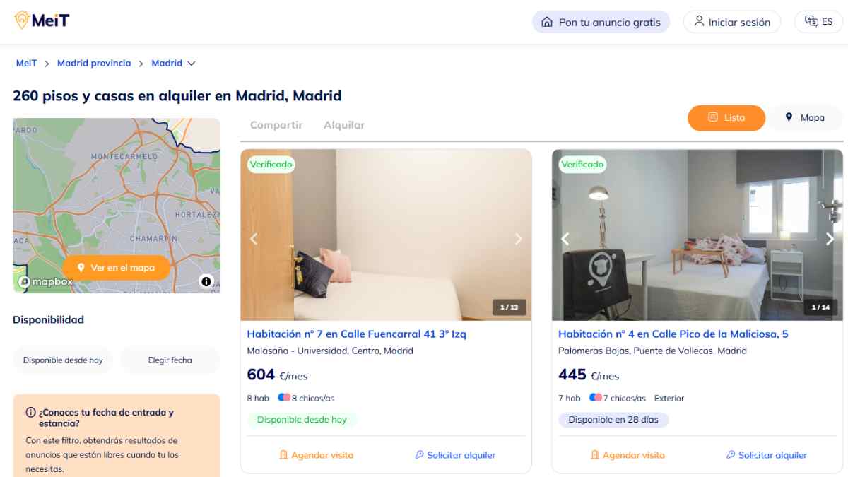 Plataforma Meit con habitaciones en alquiler verificadas en Madrid para estudiantes.