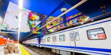 metro de madrid con paquetes en andén para reparto de paquetería en vagones.