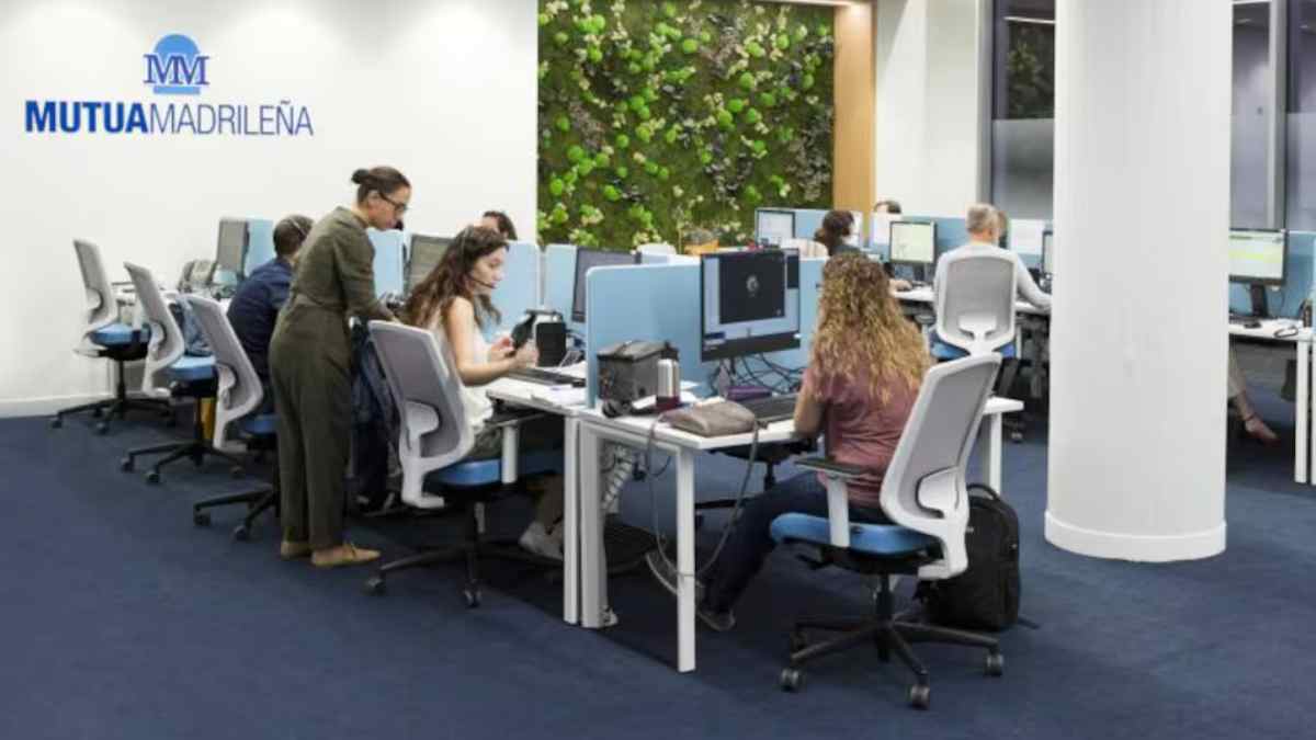 Oficina de Mutua Madrileña con personal administrativo en Madrid gestionando sanciones de tráfico con teletrabajo y flexibilidad horaria.