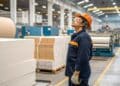 Operarios de fábrica en Madrid trabajando en línea de producción.