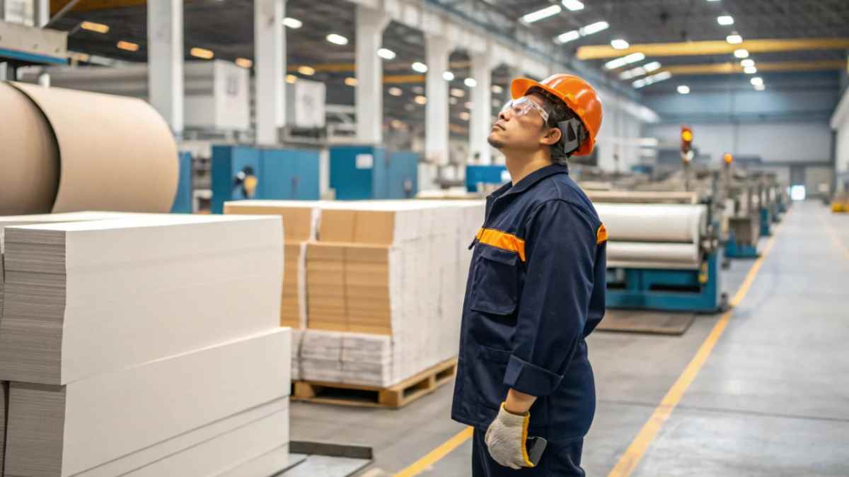 Operarios de fábrica en Madrid trabajando en línea de producción.