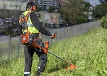 Jardinero trabajando con desbrozadora en Madrid durante labores de mantenimiento de zonas verdes.