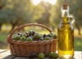 Botella de aceite de oliva junto a cesta de aceitunas frescas en campo.
