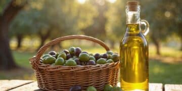 Botella de aceite de oliva junto a cesta de aceitunas frescas en campo.