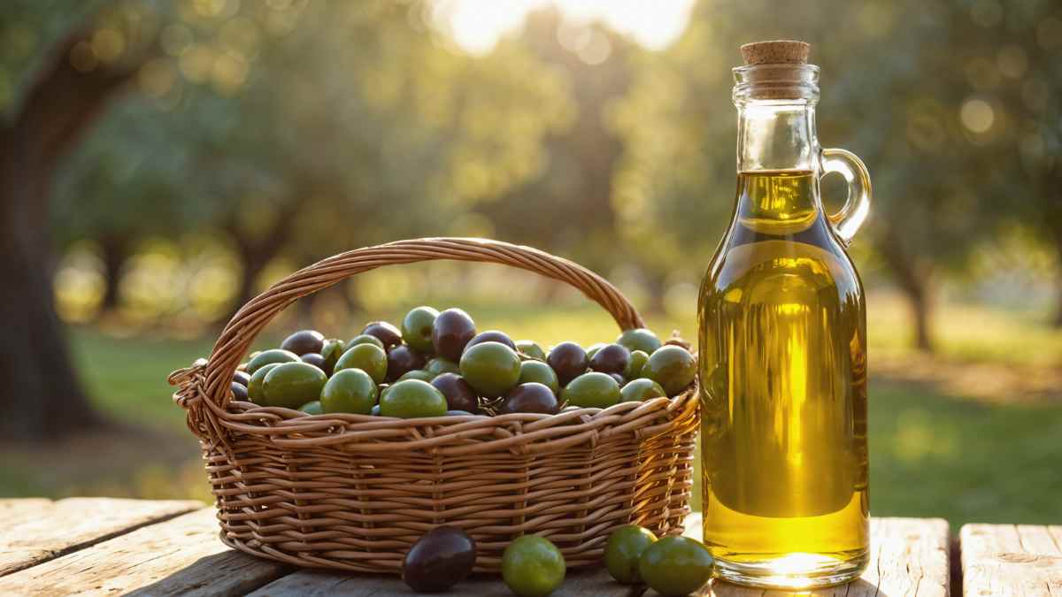 Botella de aceite de oliva junto a cesta de aceitunas frescas en campo.