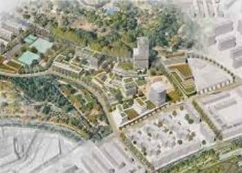Vista aérea del proyecto urbanístico Ermita del Santo en Madrid con 530 viviendas, comercios y piscina cubierta.