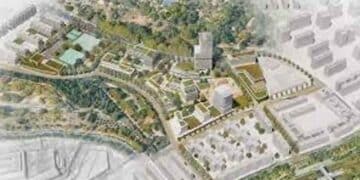 Vista aérea del proyecto urbanístico Ermita del Santo en Madrid con 530 viviendas, comercios y piscina cubierta.