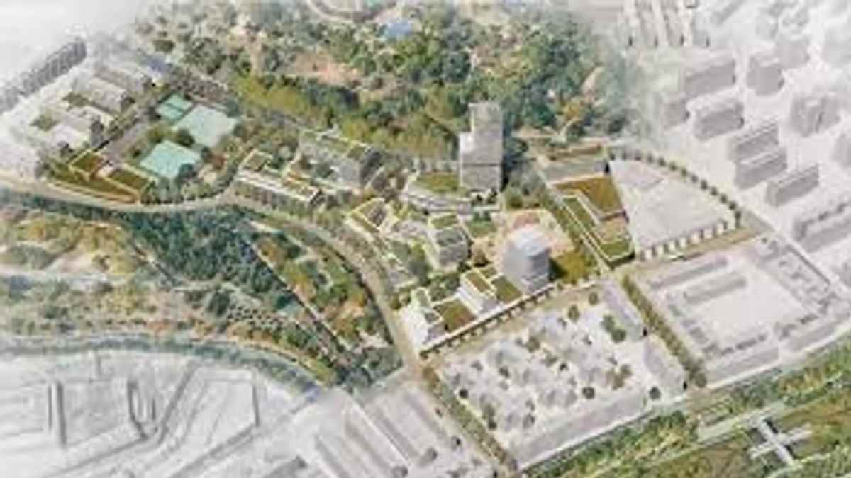 Vista aérea del proyecto urbanístico Ermita del Santo en Madrid con 530 viviendas, comercios y piscina cubierta.