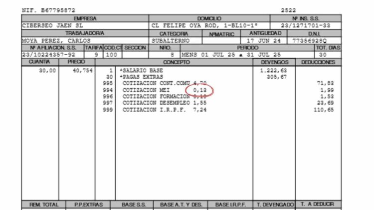 Ejemplo de nómina con deducción del MEI en 2026.