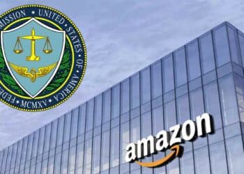 Logo de la FTC junto a sede de Amazon por reembolsos de Prime y sanción en Estados Unidos.