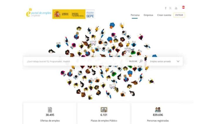 Portal Empléate del SEPE con ofertas de empleo administrativo en España.