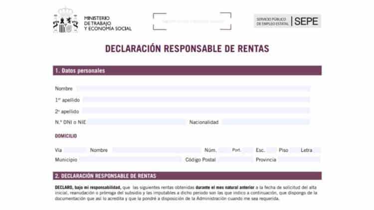Formulario SEPE declaración responsable subsidio por desempleo cada 3 meses.