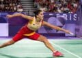 Carolina Marín durante un partido de bádminton en el Día del Deporte Olímpico de Madrid en El Retiro.