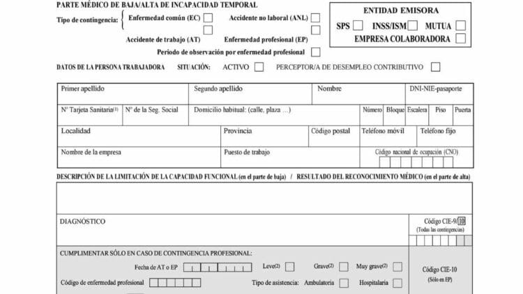 parte medico de alta o baja laboral por incapacidad temporal.