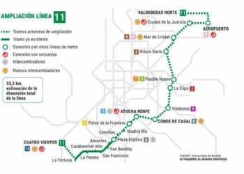 Mapa de la ampliación de la línea 11 del Metro de Madrid entre Mar de Cristal y Valdebebas Norte